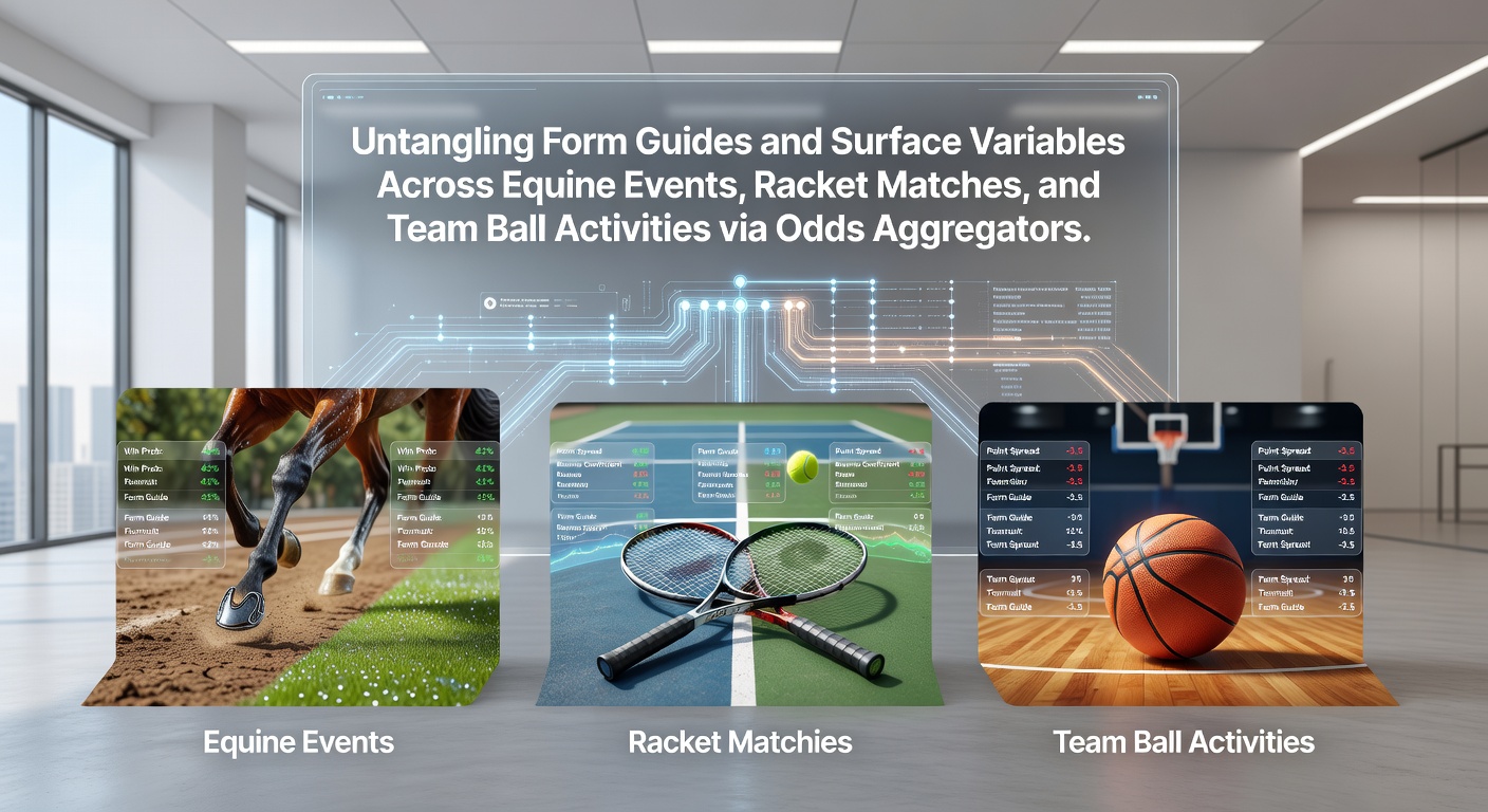 Odds aggregator dashboard displaying form guides and surface data for horse racing, tennis, and team sports