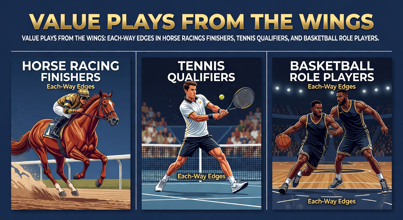 Horse racing finish line with close pack of competitors, highlighting each-way contenders; inset shows tennis qualifier celebrating a win and basketball role player sinking a key three-pointer