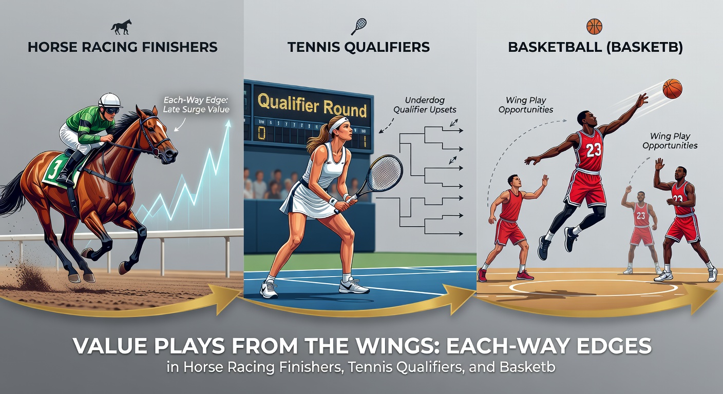 Tennis player in qualifiers battling under floodlights, sweat-drenched focus; background fades to basketball bench players huddling strategy and a horse nearing the each-way podium