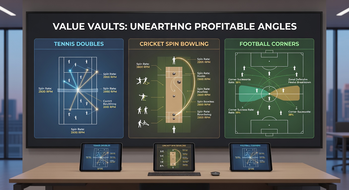 Screenshot of odds tool comparing cricket spin bowler wickets, tennis doubles games, and football corners across bookmakers