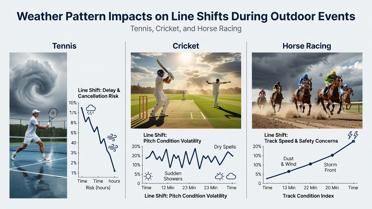 Cricket pitch covered during rain delay with odds fluctuating on live betting platforms