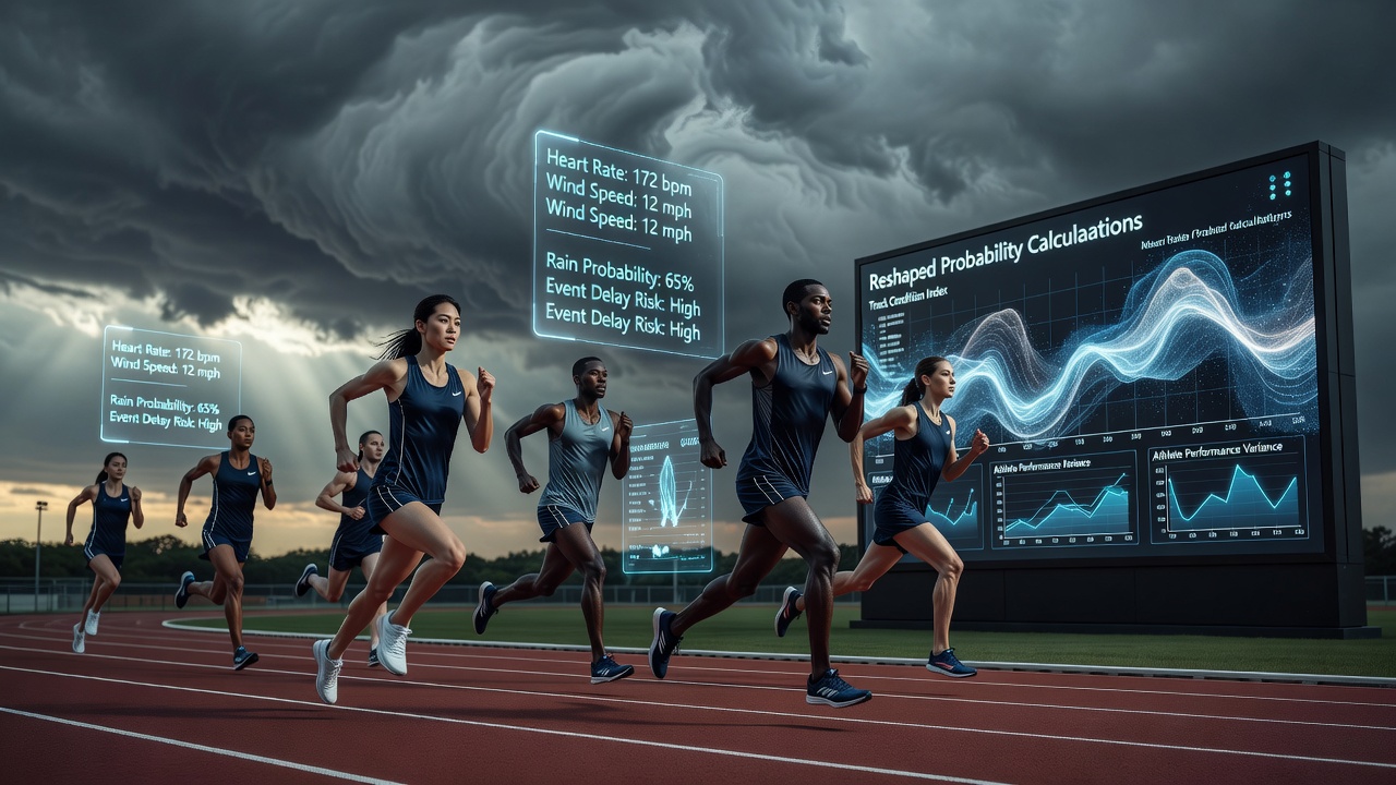 Athletes competing in variable weather conditions with digital sensors tracking performance metrics on an outdoor track