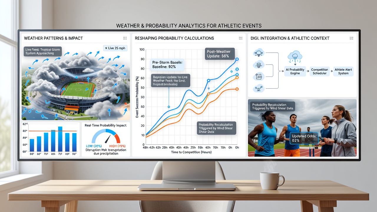 Digital dashboard displaying live weather data overlaid on athletic performance probabilities during an outdoor event