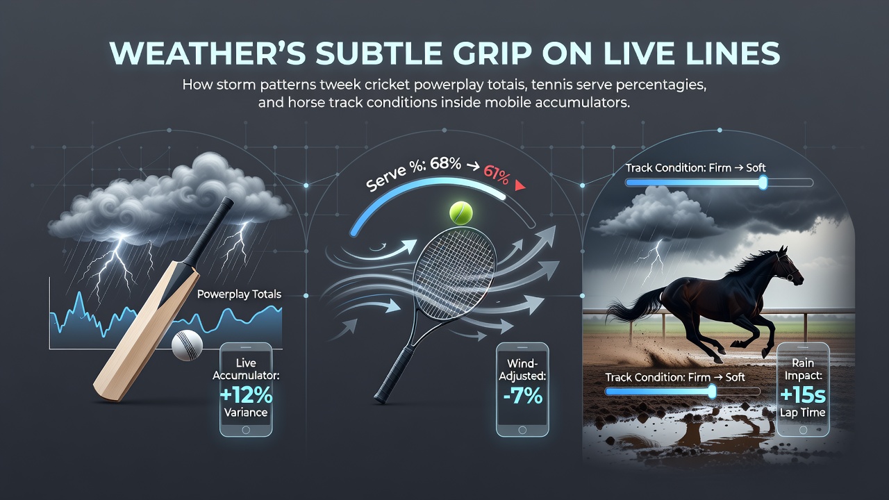 Storm clouds over a cricket ground with live betting odds updating on a mobile screen